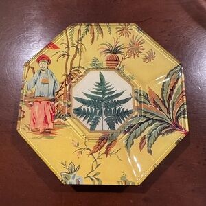 Octagonal Yellow Plate with Fern and Figure Design